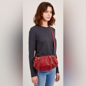 BOTKIER Red Leather Fringed Multiple Gold Zipper Moto Medium Size Crossbody Bag